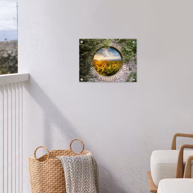 Ronde poort naar zonnebloemveld tuinposter los doek klein -sfeer8