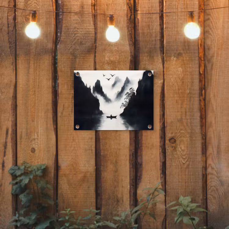 Roeiboot - Mistig - Bergen - Vogels tuinposter los doek klein -sfeer1