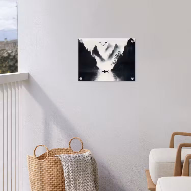 Roeiboot - Mistig - Bergen - Vogels tuinposter los doek klein -sfeer8