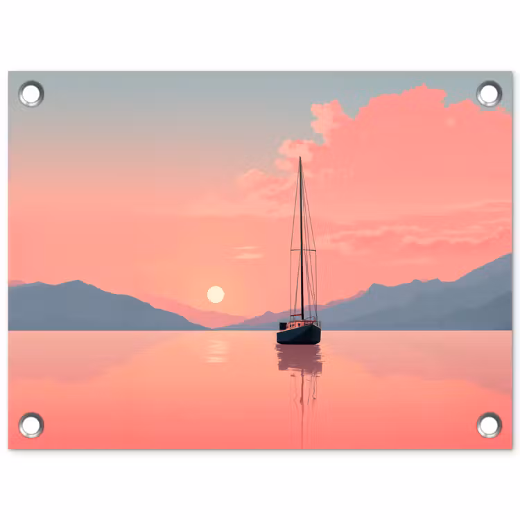 Zeilboot - Roze zee - Zonsondergang - Bergen tuinposter los doek klein -3d