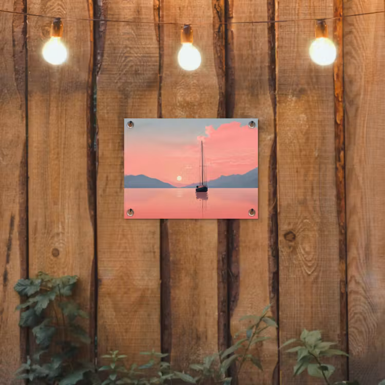 Zeilboot - Roze zee - Zonsondergang - Bergen tuinposter los doek klein -sfeer1
