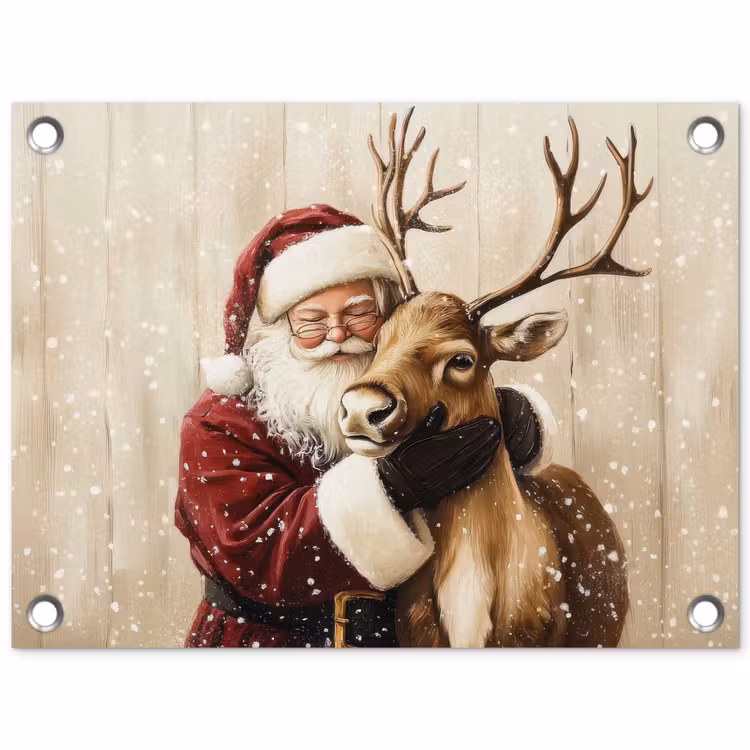 Kerstman - Rendier - Sneeuw - Kleurrijk tuinposter los doek klein -3d