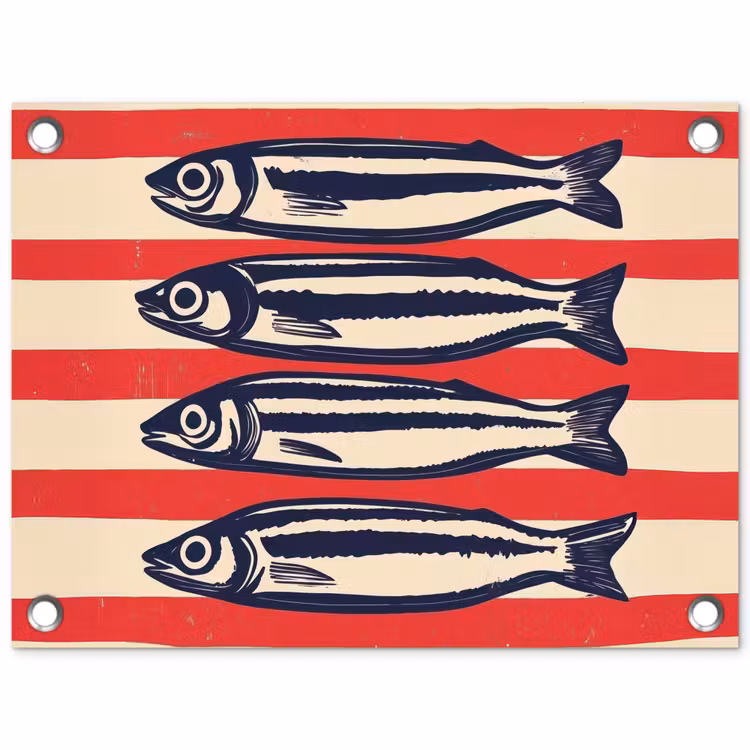 Sardines - Rood en beige strepen tuinposter los doek klein -3d