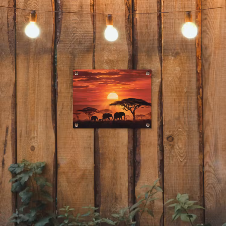 Savanne - Olifanten - Zonsondergang tuinposter los doek klein -sfeer1