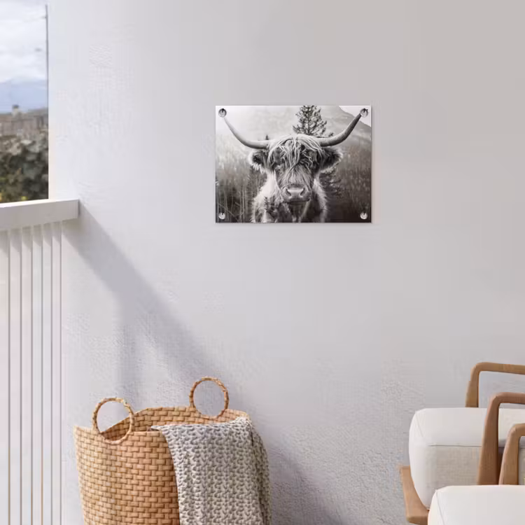 Schotse hooglander - Koe - Dieren - Zwart - Wit tuinposter los doek klein -sfeer8