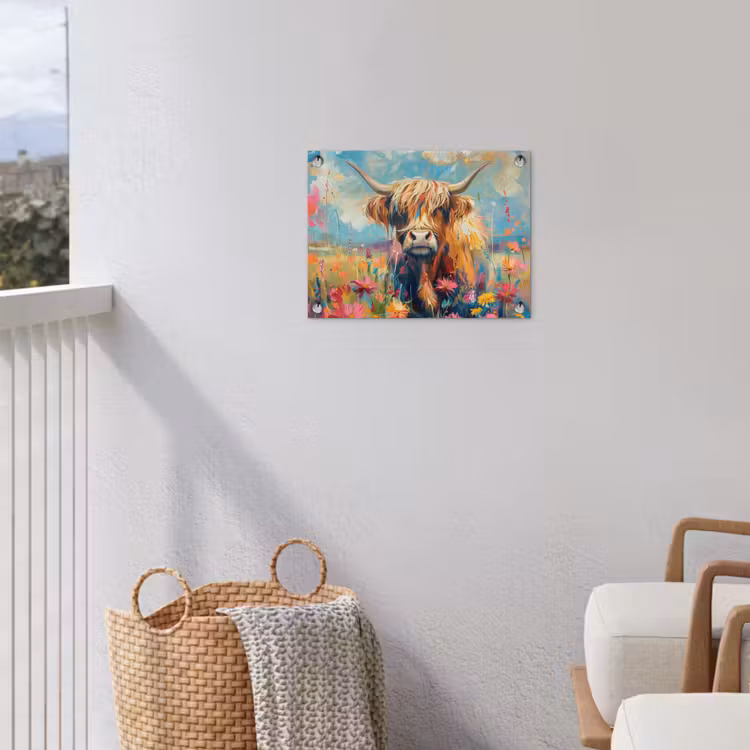 Schotse hooglander - Natuur - Kleurrijk - Bloemen tuinposter los doek klein -sfeer8