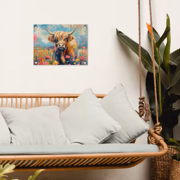 Schotse hooglander - Natuur - Kleurrijk - Bloemen tuinposter los doek klein -sfeer7
