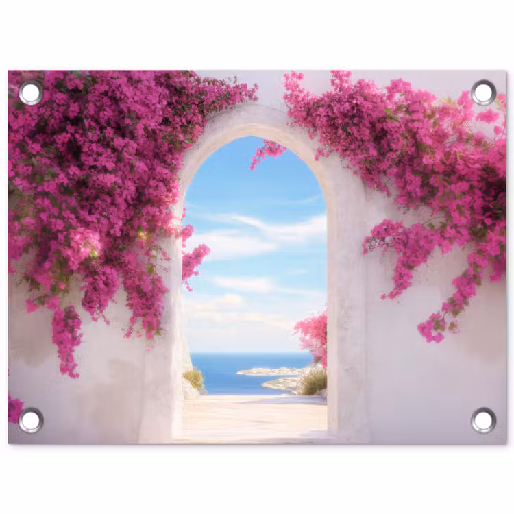 Zee - Roze - Bloemen - Poort tuinposter los doek klein -3d