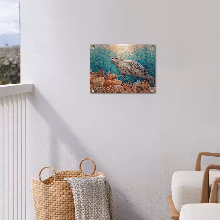 Zeehond - Mozaïek - Onderwater - Dieren - Blauw tuinposter los doek klein -sfeer8