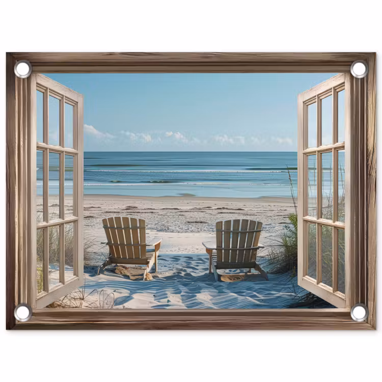 Doorkijk - Strandstoelen - Duinen - Zee - Natuur tuinposter los doek klein -3d