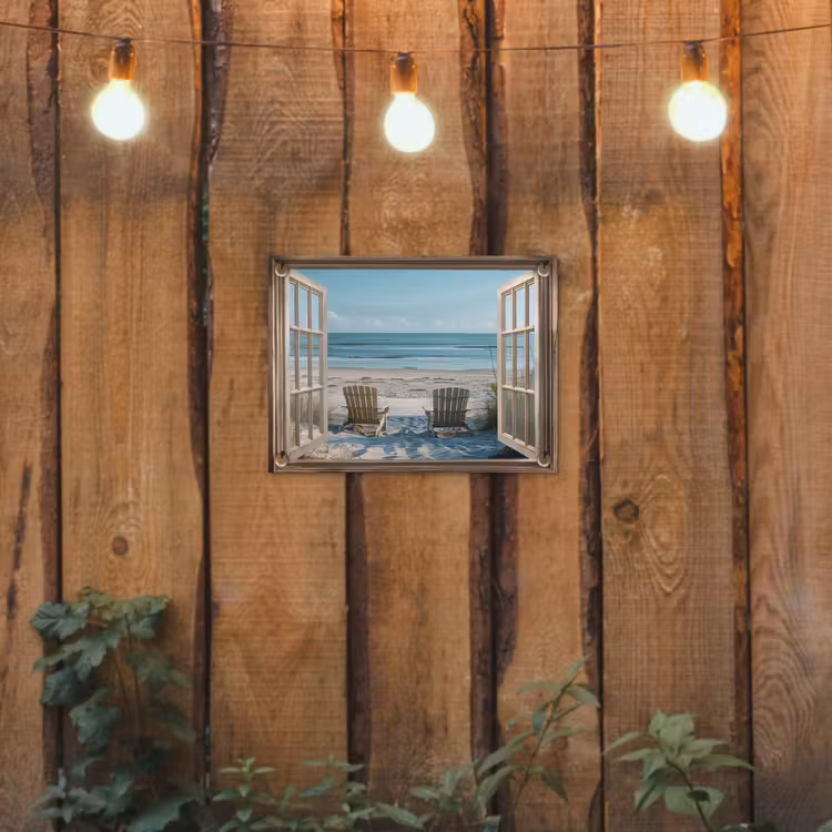 Doorkijk - Strandstoelen - Duinen - Zee - Natuur tuinposter los doek klein -sfeer1