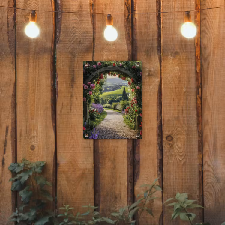 Doorkijk - Tuinboog - Bloemen - Natuur - Pad tuinposter los doek klein -sfeer1