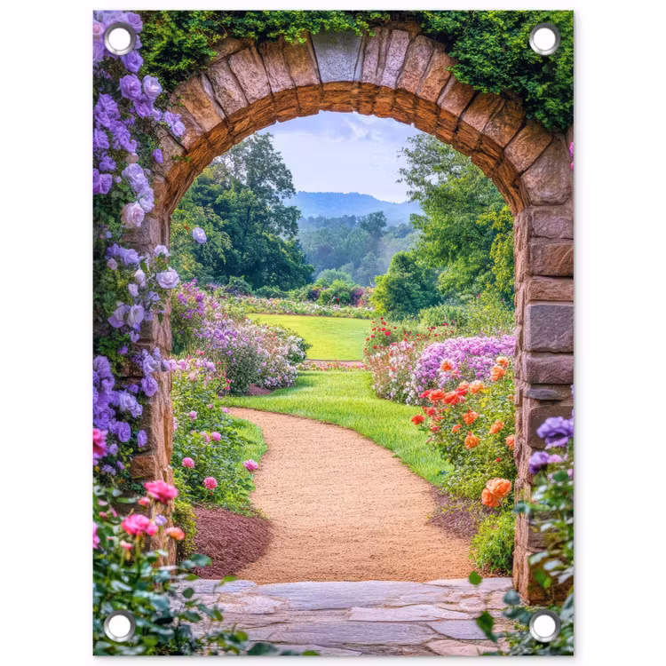 Doorkijk - Poort - Bloemen - Tuin tuinposter los doek klein -3d
