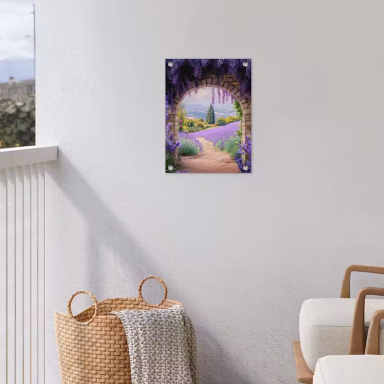 Doorkijk - Lavendel - Bloemen - Paars - Poort tuinposter los doek klein -sfeer8