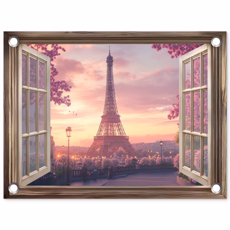 Doorkijk - Parijs - Eiffeltoren - Roze - Kersenbloesem tuinposter los doek klein -3d
