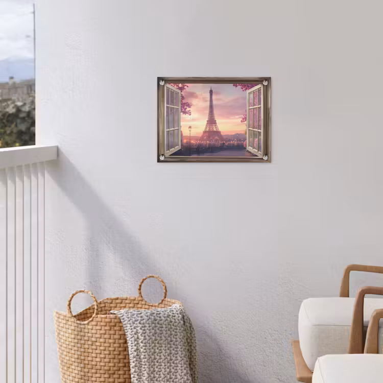 Doorkijk - Parijs - Eiffeltoren - Roze - Kersenbloesem tuinposter los doek klein -sfeer8
