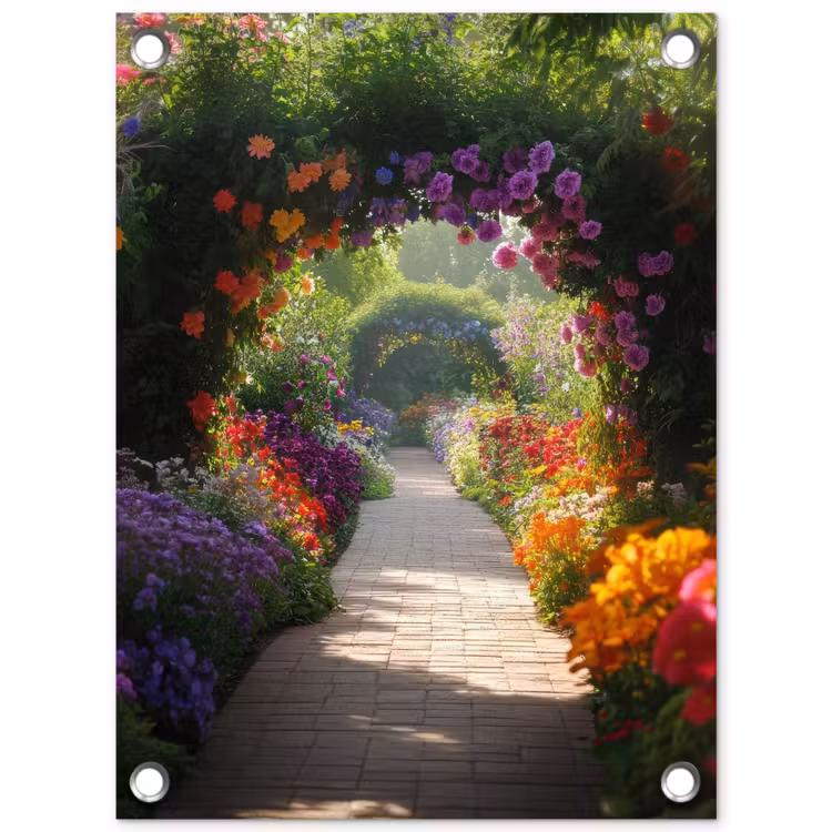 Doorkijk - Pad - Bloemen - Struik - Kleurrijk tuinposter los doek klein -3d