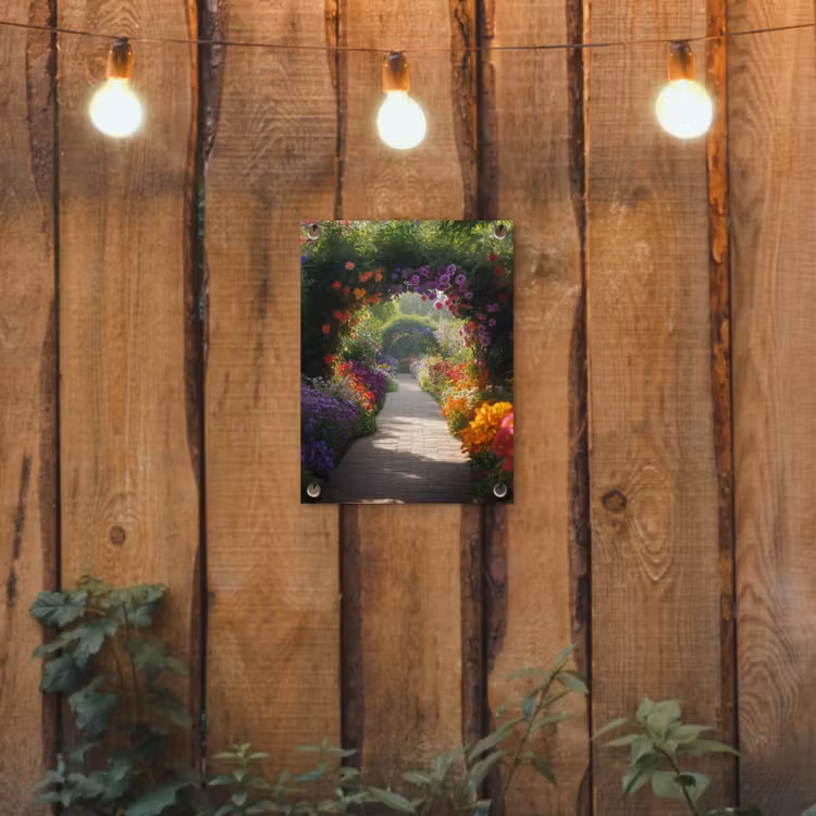 Doorkijk - Pad - Bloemen - Struik - Kleurrijk tuinposter los doek klein -sfeer1