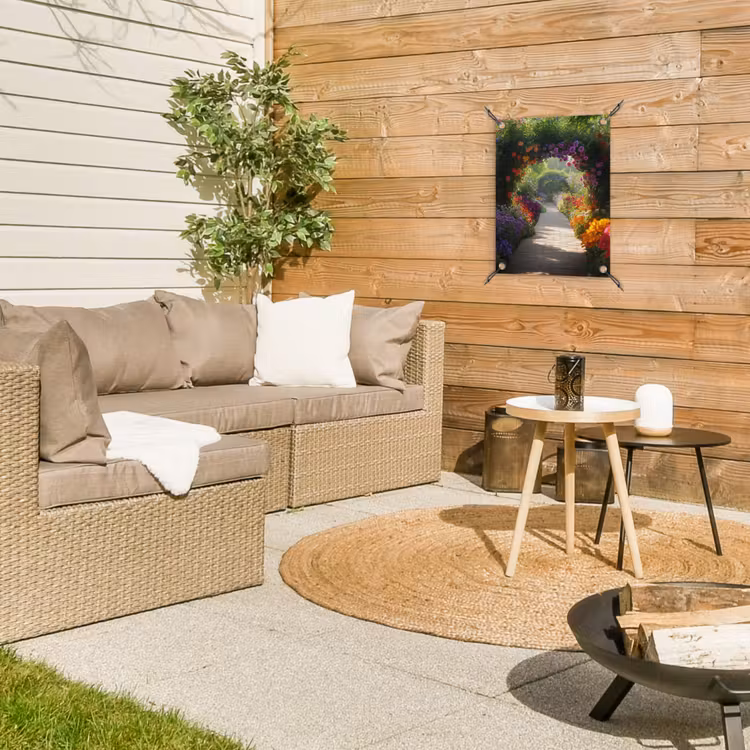 Doorkijk - Pad - Bloemen - Struik - Kleurrijk tuinposter los doek klein -sfeer4