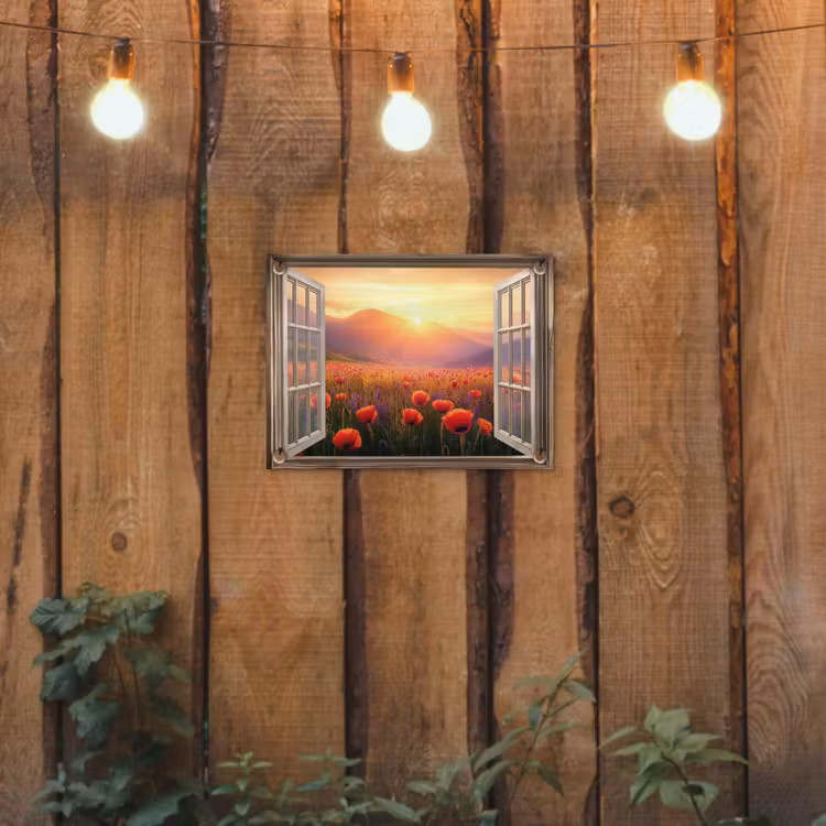 Doorkijk - Klaprozen - Bloemen - Rood - Open raam tuinposter los doek klein -sfeer1