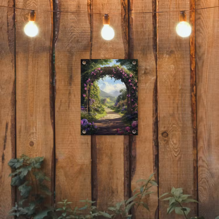 Doorkijk - Rozenboog - Uitzicht - Landschap - Bloemen tuinposter los doek klein -sfeer1