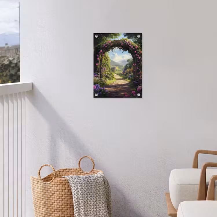 Doorkijk - Rozenboog - Uitzicht - Landschap - Bloemen tuinposter los doek klein -sfeer8