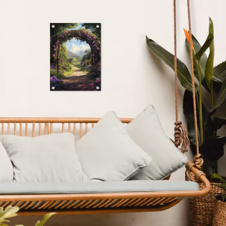 Doorkijk - Rozenboog - Uitzicht - Landschap - Bloemen tuinposter los doek klein -sfeer7