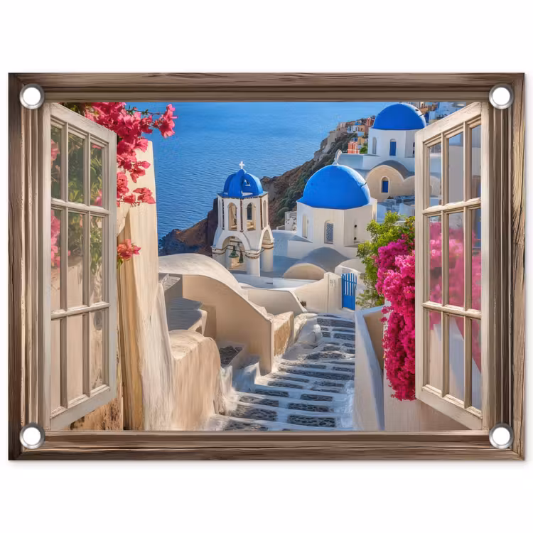 Doorkijk - Santorini - Landschap - Blauw - Grieks tuinposter los doek klein -3d