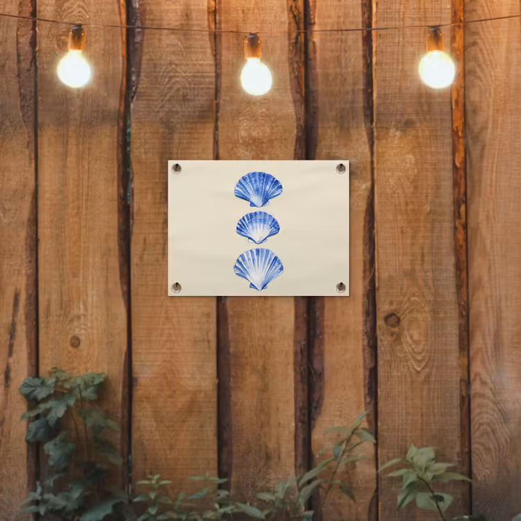 Schelpen - Blauw - Beige tuinposter los doek klein -sfeer1