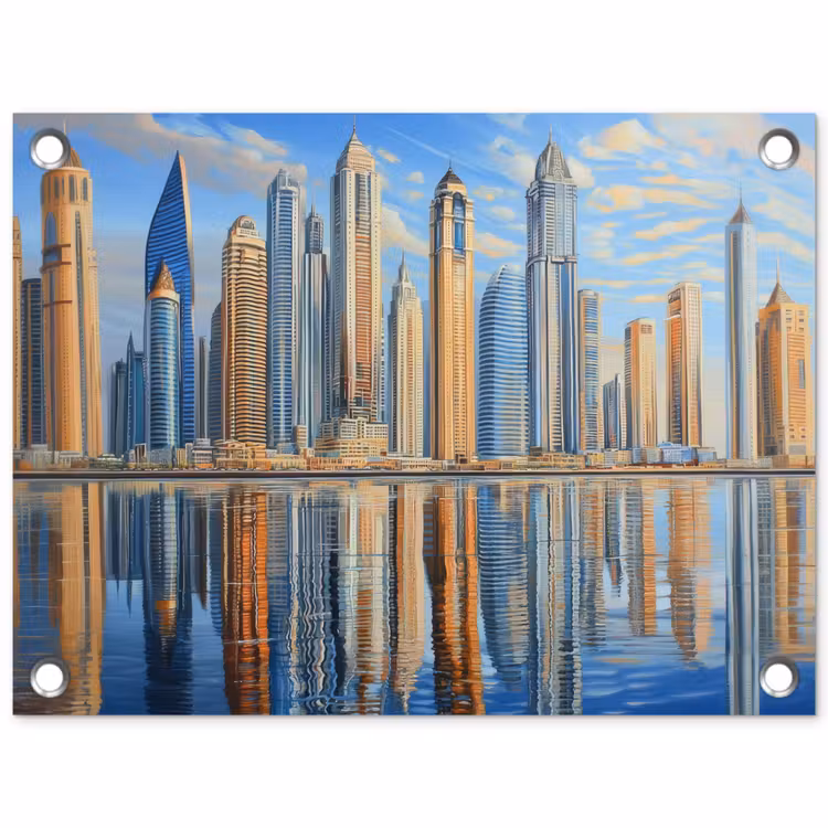 Skyline - Wolkenkrabbers - Water - Blauw tuinposter los doek klein -3d