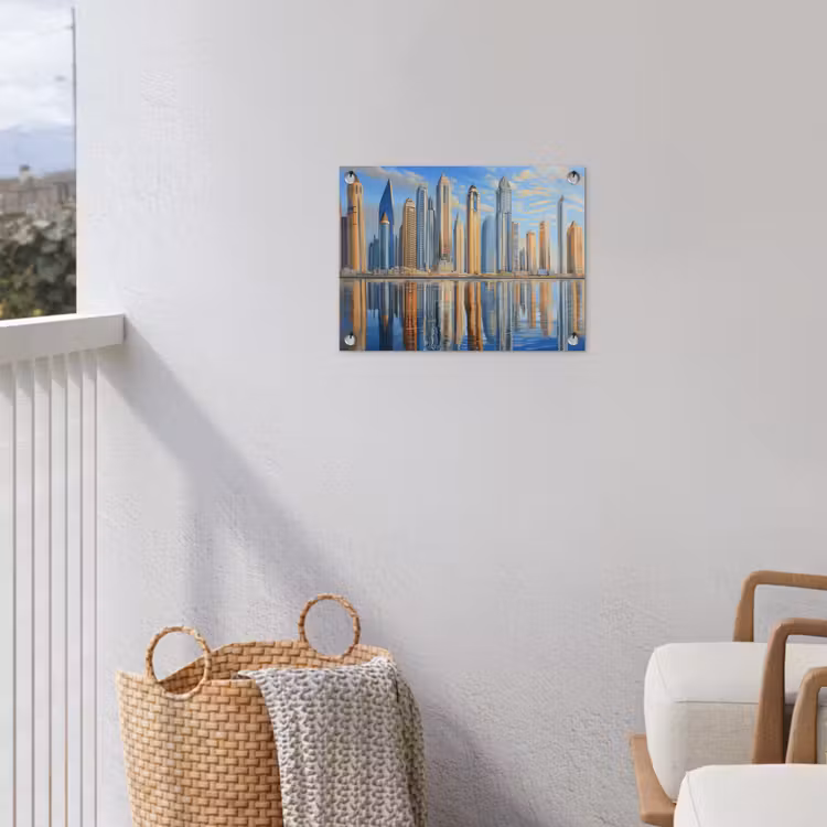 Skyline - Wolkenkrabbers - Water - Blauw tuinposter los doek klein -sfeer8