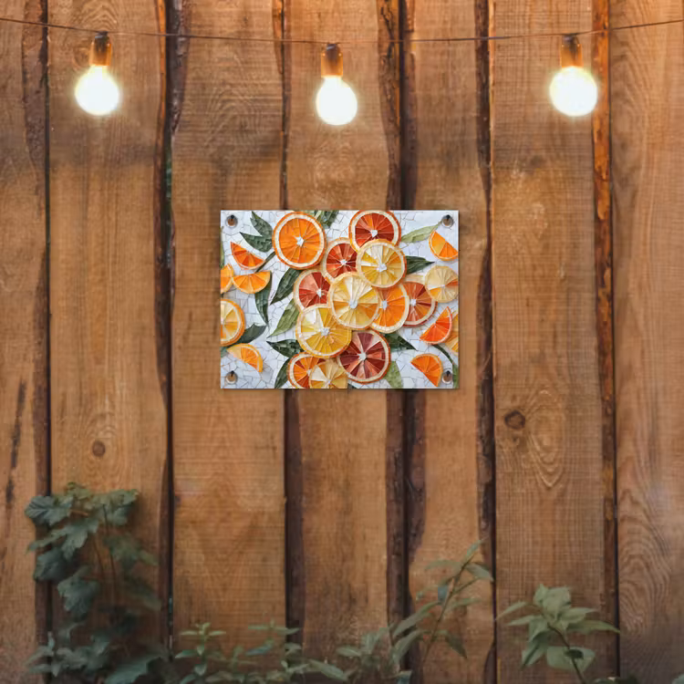 Schijfjes - Fruit - Oranje - Mozaïek tuinposter los doek klein -sfeer1