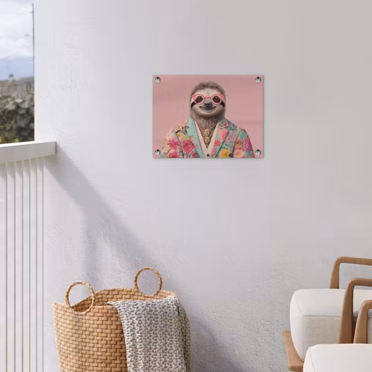 Luiaard - Bloemenprint - Bril - Roze tuinposter los doek klein -sfeer8