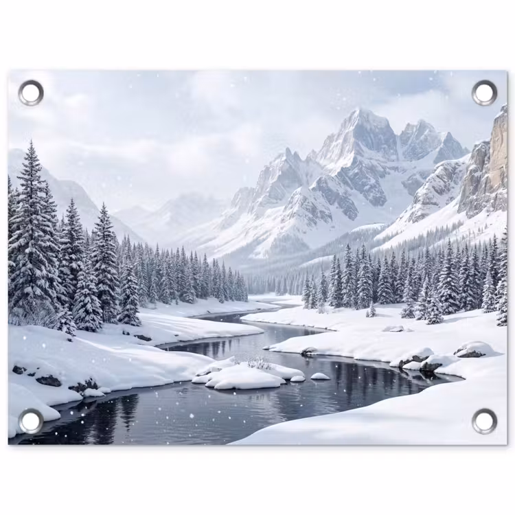 Sneeuwlandschap - Bergen - Rivier - Winter tuinposter los doek klein -3d