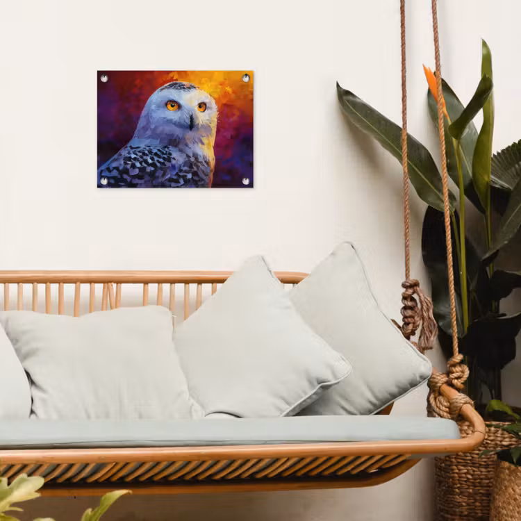 Sneeuwuil - Schilderij - Kleurrijk - Wit tuinposter los doek klein -sfeer7