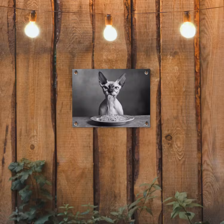 Sphynx - Kat - Dieren - Humor - Spaghetti - Zwart Wit tuinposter los doek klein -sfeer1