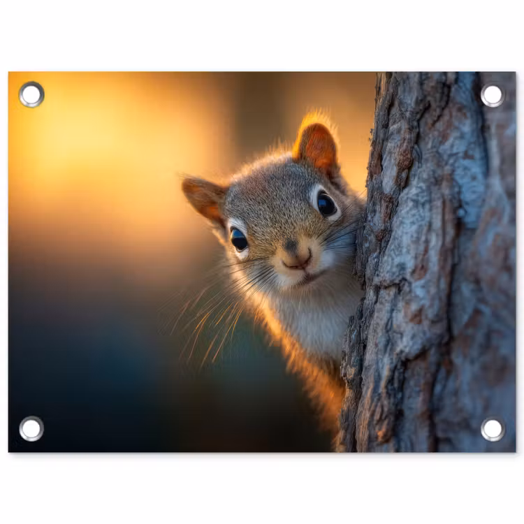 Eekhoorn - Boomstam - Zonsondergang tuinposter los doek klein -3d