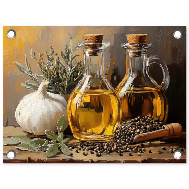 Stilleven - Olijfolie - Knoflook - Kruiden tuinposter los doek klein -3d