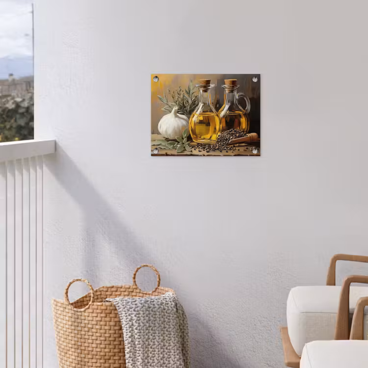 Stilleven - Olijfolie - Knoflook - Kruiden tuinposter los doek klein -sfeer8