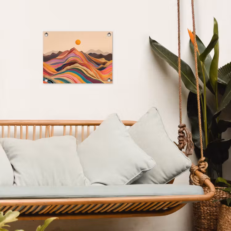 Zon - Kleurrijk landschap - Bergen tuinposter los doek klein -sfeer7