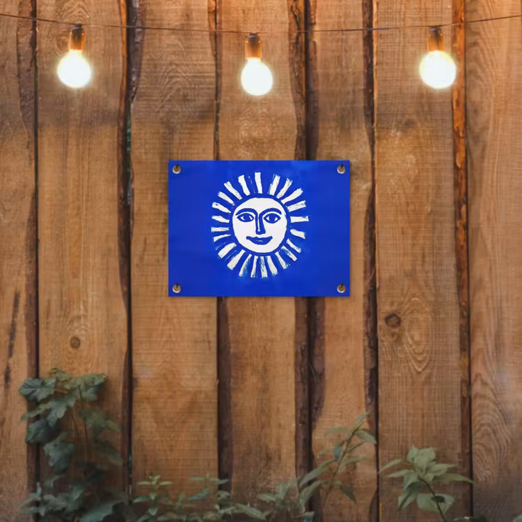 Zon - Gezicht - Penseelstructuur - Blauw tuinposter los doek klein -sfeer1