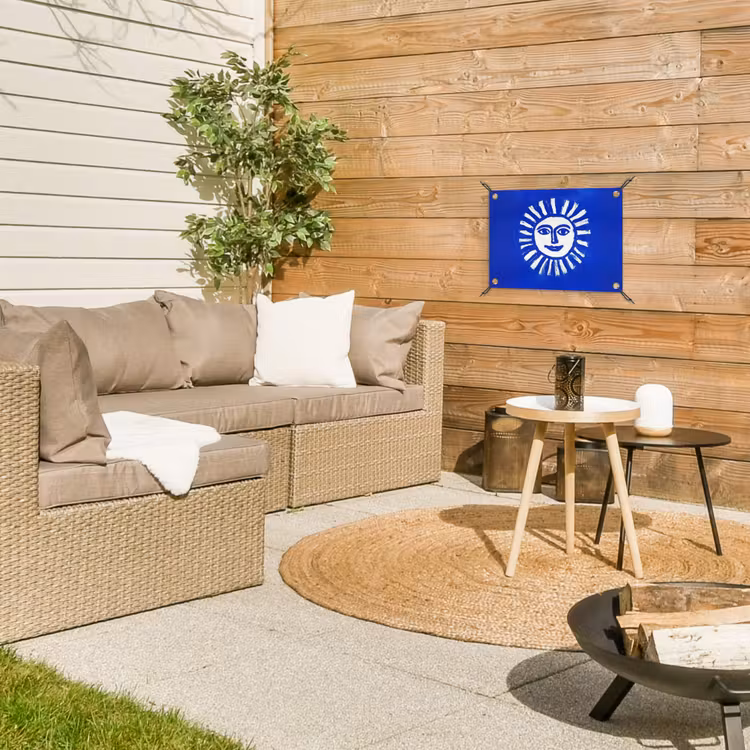 Zon - Gezicht - Penseelstructuur - Blauw tuinposter los doek klein -sfeer4