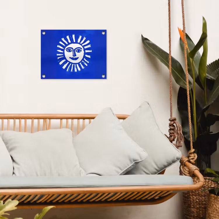 Zon - Gezicht - Penseelstructuur - Blauw tuinposter los doek klein -sfeer7