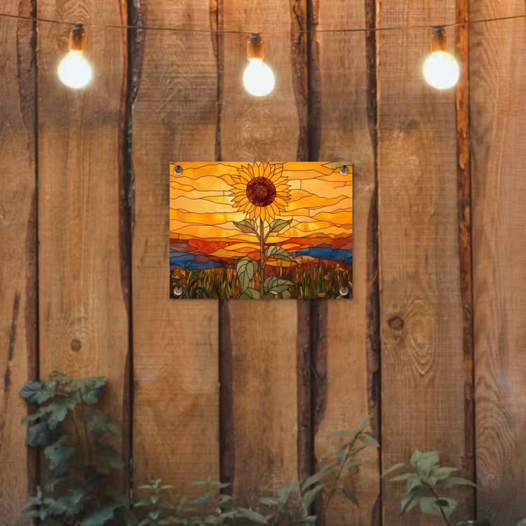 Zonnebloem - Mozaïek - Zonsondergang - Geel tuinposter los doek klein -sfeer1