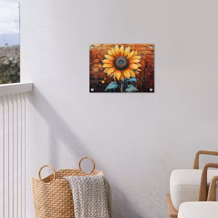 Zonnebloem op Bakstenen Muur tuinposter los doek klein -sfeer8