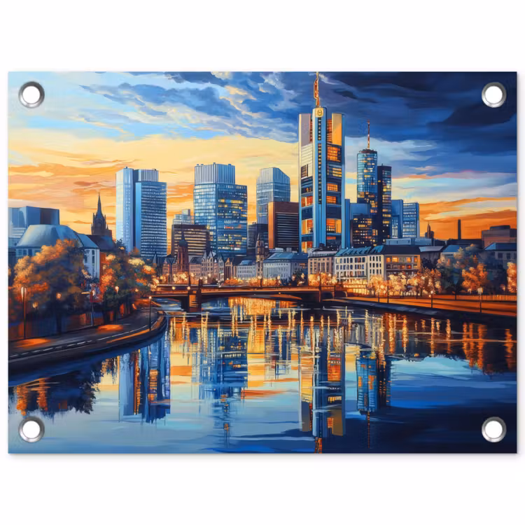 Zonsondergang Frankfurt - Stad - Skyline - Water tuinposter los doek klein -3d