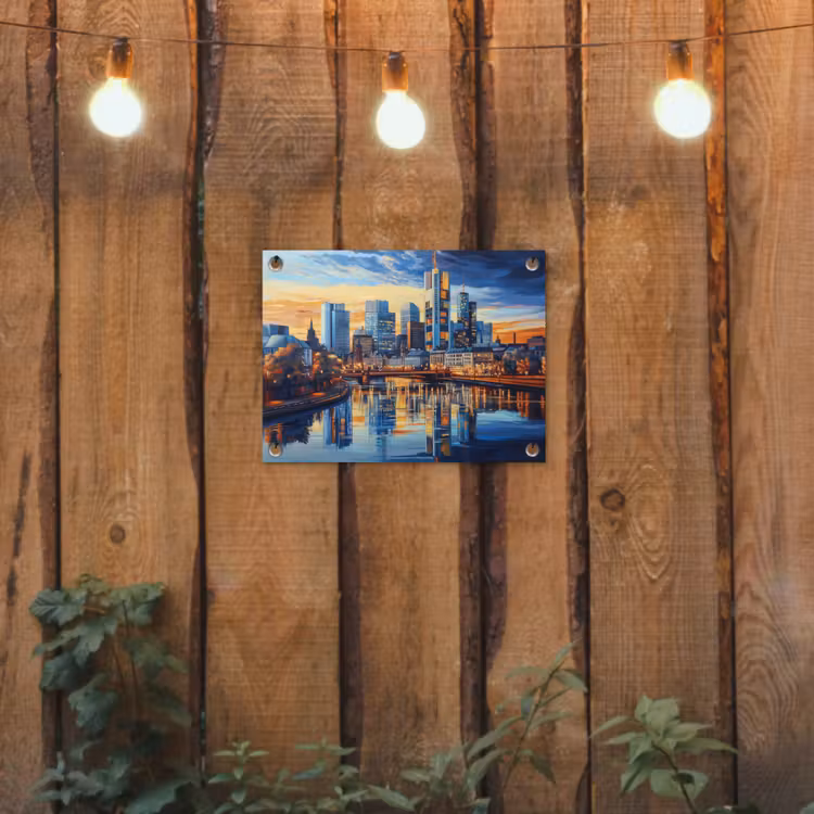Zonsondergang Frankfurt - Stad - Skyline - Water tuinposter los doek klein -sfeer1