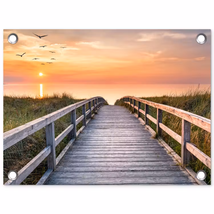 Zonsonderang - Zee - Pad - Gras - Duin - Vogels tuinposter los doek klein -3d