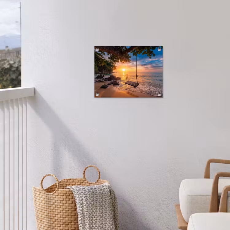 Schommel - Strand - Zonsondergang - Natuur - Oranje tuinposter los doek klein -sfeer8
