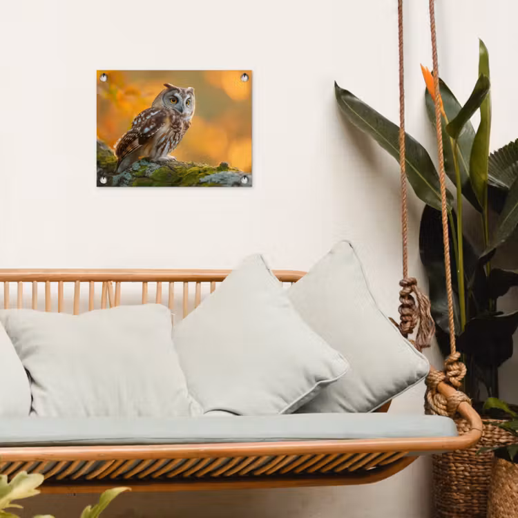 Bosuil op Mosbegroeide Tak tuinposter los doek klein -sfeer7
